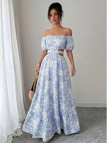 YHHRafferiza Vestido casual de vacaciones con hombros descubiertos y lazo en la espaldaYHH - Azul - Ver 4