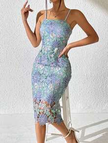 Vestido de tirantes con patrón floral con encaje - Celeste - Ver 1