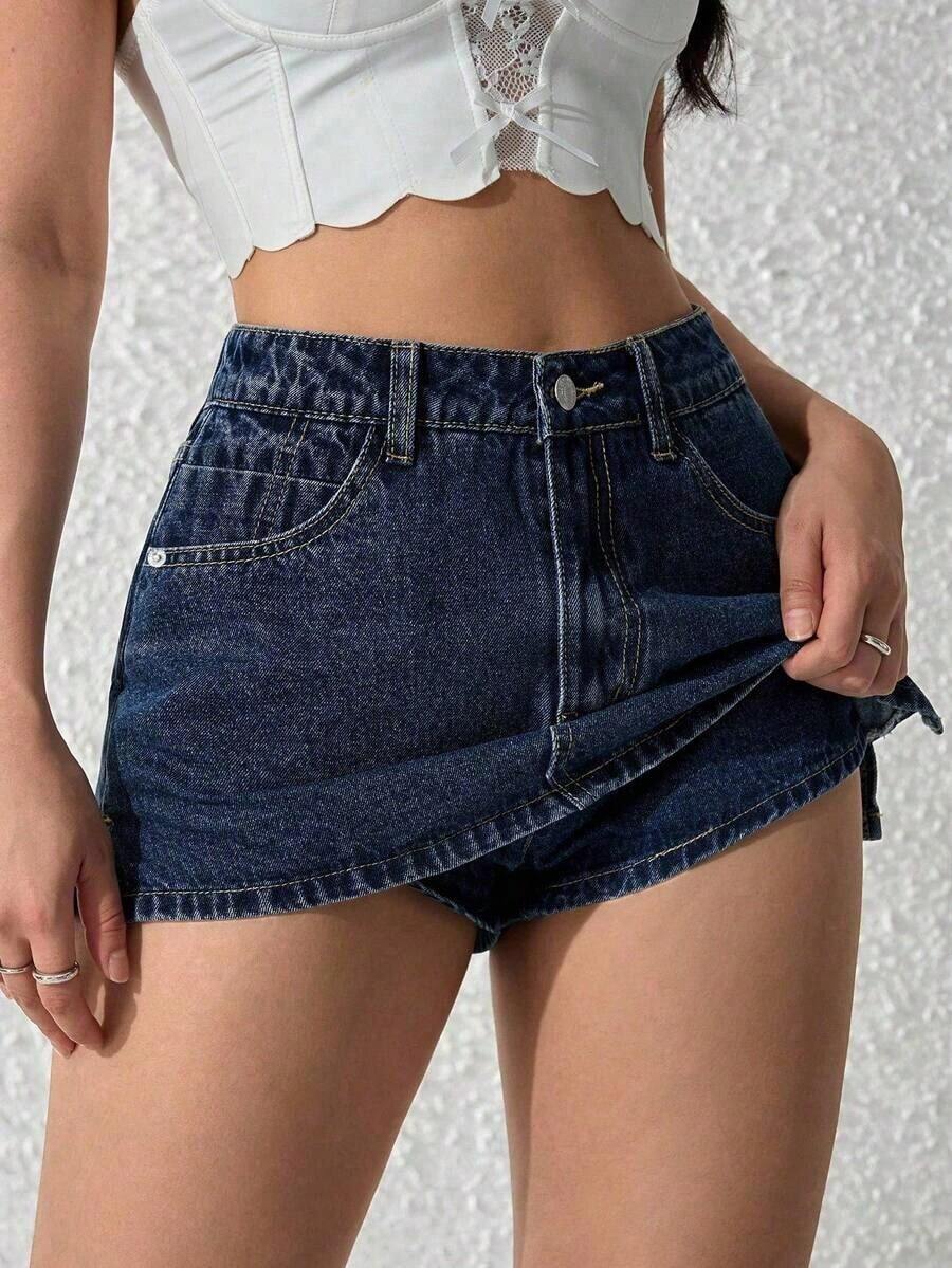 PETITE Pantalones cortos de mezclilla lisos para mujer, de moda para el verano - Azul lavado oscuro 2 - Ver 1