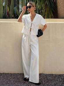 Conjunto de blusa de manga corta blanca con nudo delantero y pantalones vaqueros de corte holgado para mujer, conjunto de atuendo de verano - Blanco - Ver 5