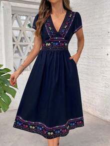 Clasi Women's Elegant Summer Dress With V-Neck, Floral Print, Double Waist Pockets, Flared Silhouette, Suitable For Various Occasions: Beach, Travel, Daily Wear, Home, Etc. - Dark Gold - 查看 8