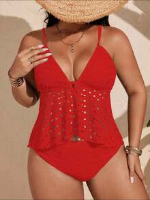 Swim Lushoire Conjunto de tankini de traje de baño de unicolor con diseño calado para mujer de talla grande - Rojo - Ver 5