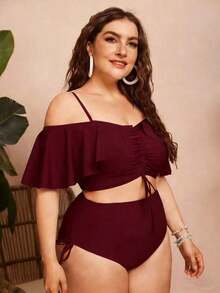 Swim Chiccia Conjunto de 2 piezas de bikini de talla grande para mujer de unicolor con tirantes de espagueti, hombros descubiertos, volantes y cordón - Elegante y estiloso para vacaciones informales - Burdeos - Ver 4