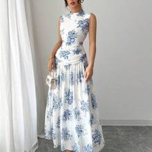 Women's Elegant Floral Print Ruched Waist Sleeveless Casual Dress - Amarillo - Ver 4