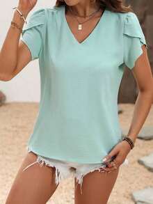 Blusa de unicolor casual con mangas con diseño de pétalos para vacaciones - verde menta - Ver 4