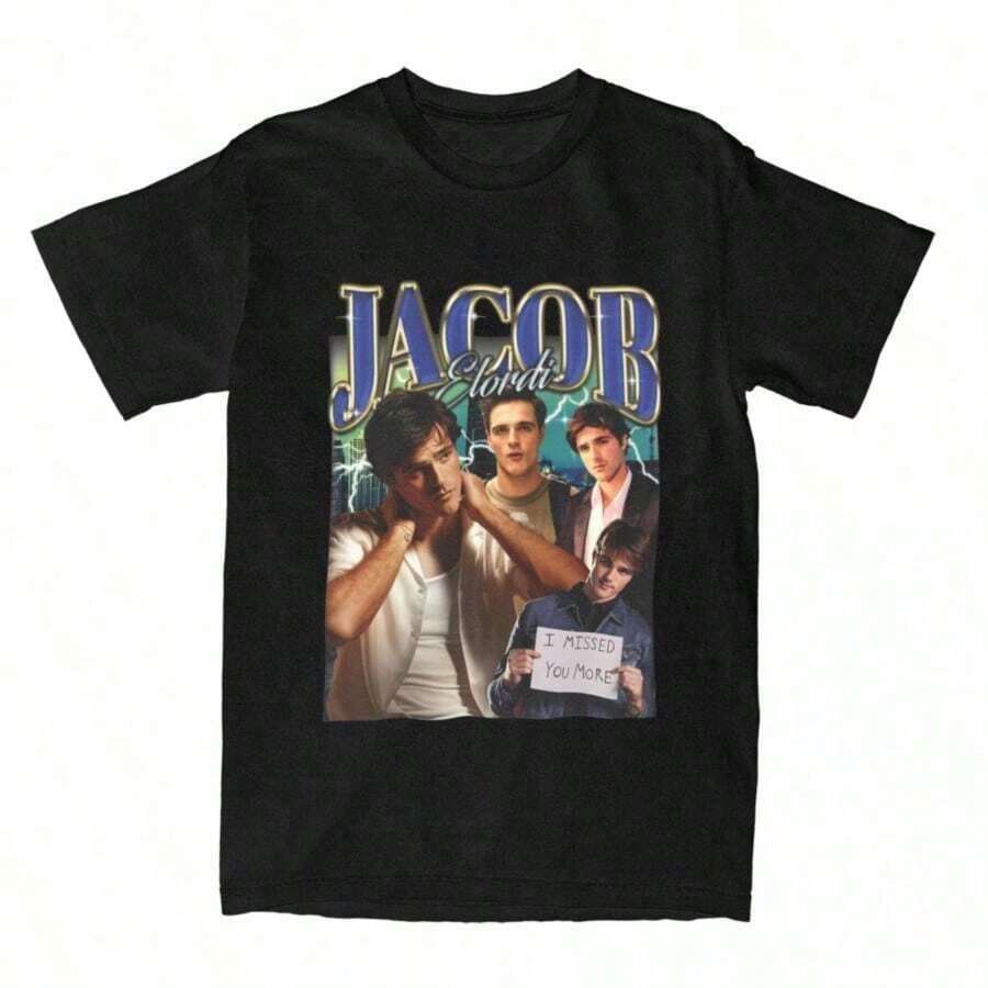 Printed T-Shirts For Women, Oversized Urban Style Tops, Comfortable And Stylish Summer T-Shirts That Go With Everything. Retro Jacob Elordi T-Shirts For Men And Women, Accessories, 100% Cotton T-Shirts, Clothing, T-Shirts With Fun Prints. - 黑色 - 查看 1