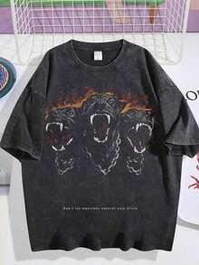 Camiseta de Hombre, Retro, Estampado de Bestia de Tres Cabezas, Estampado de Llamas y Cadenas, Lavado Vintage, Corte Holgado, Manga Corta, TopDG004 - Negro - Ver 7