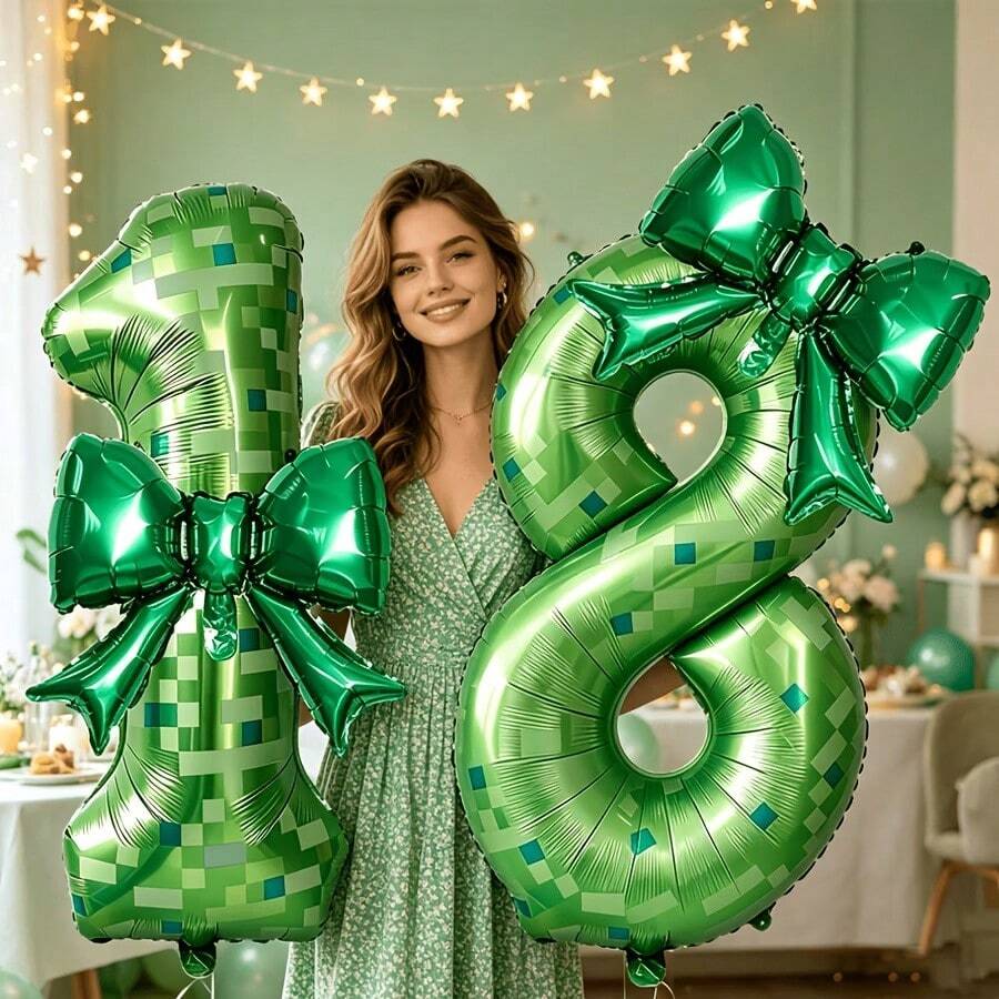 2pcs/Set 40 Inch (101.6cm) Green Pixel Miner Digital Balloon + Green Bow Balloon Set, Green Pixel Theme Round Foil Balloon, Suitable For Birthday Party, Anniversary, Graduation, Mother's Day, Video Game Party Decor (0-9) - Green Grid - View 1