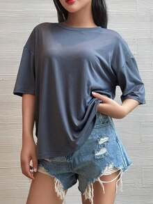 Camiseta de manga corta oversize, negro sólido, ajuste holgado casual para deportes blancos de verano - Gris 2 - Ver 2