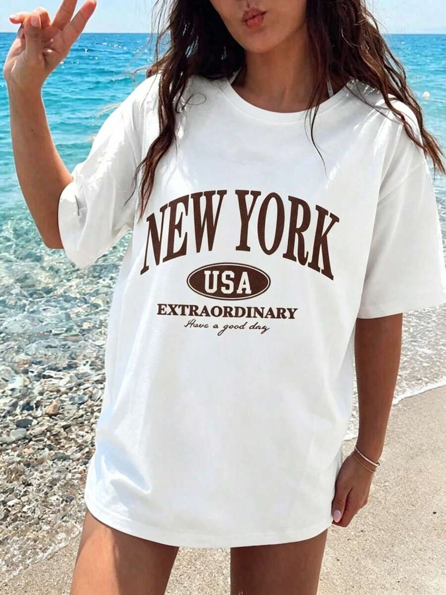 Camiseta de Mujer de Manga Corta con Cuello Redondo y Estampado de Letras Casual, Estilo Nueva York, Ajustada, Mezcla de Algodón, Ideal para el Verano, Colección Regreso a Clases - Blanco - Ver 1