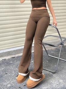 Pantalones Casuales de Mujer de Color Sólido, Cintura Ancha, Corte Ajustado, Plisados, para Primavera - Marrón Mocha - Ver 11