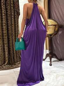 Vestido largo francés primavera 2026, cuello halter color liso elegante - Morado - Ver 3