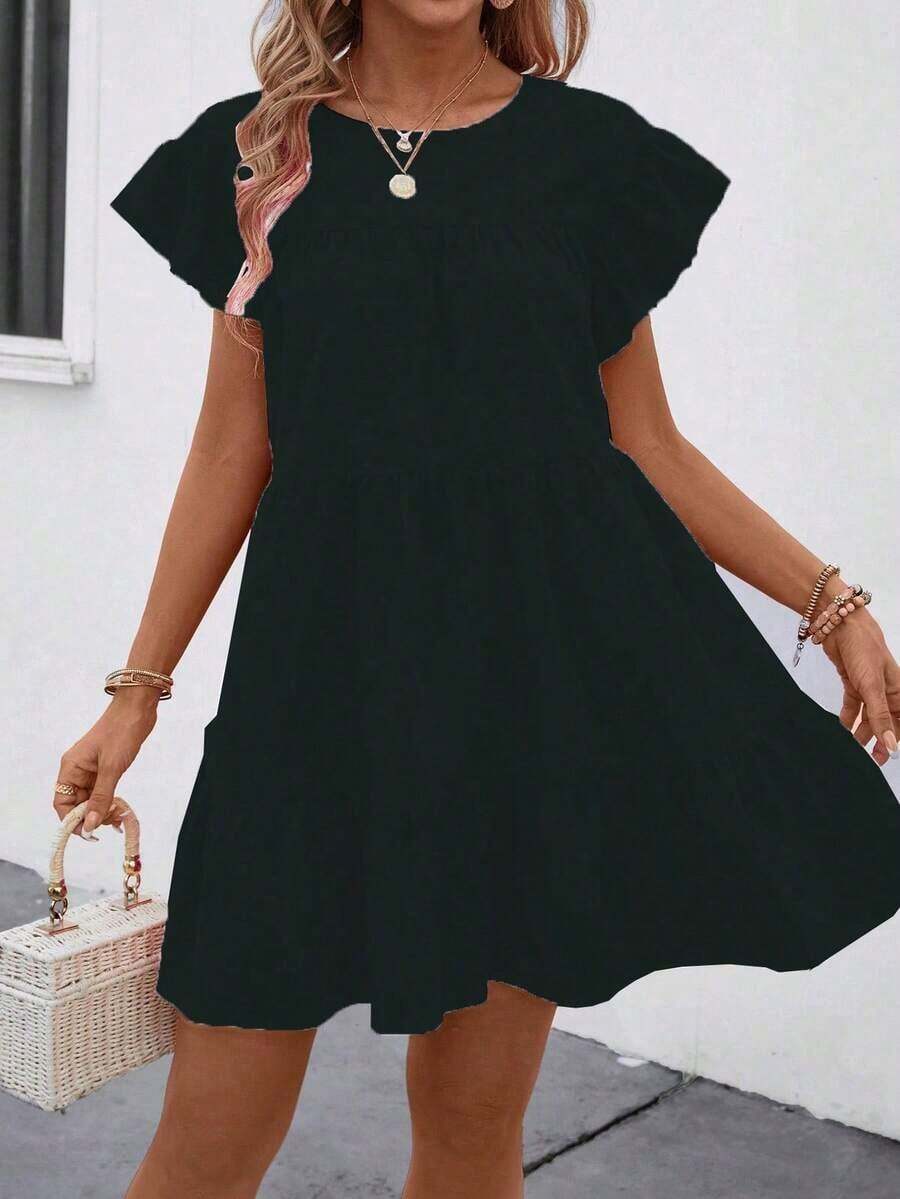 QRHJKa Vestido de Verano para Mujer, Color Sólido, Cuello Redondo, Estilo Babydoll Holgado con Volantes, Traje de Playa para Vacaciones, Vestido Casual Amarillo para Mujer, Vestido de Vacaciones, Ropa de Verano para Mujer - Verde oscuro 3 - Ver 1