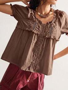 Blusa holgada de manga corta de unicolor tejida de estilo casual para mujer - Café integral - Ver 5