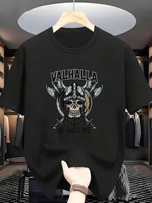 Camiseta de Hombre Talla Grande | 100% Tema Vikingo Calavera y Casco con Doble Asa | Cómoda Camiseta Casual de Manga Corta para Primavera/Verano/Otoño - Negro - Ver 2