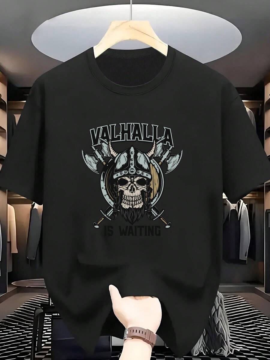 Camiseta de Hombre Talla Grande | 100% Tema Vikingo Calavera y Casco con Doble Asa | Cómoda Camiseta Casual de Manga Corta para Primavera/Verano/Otoño