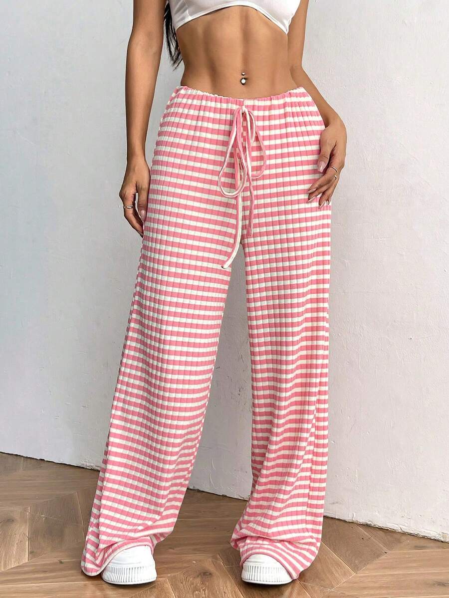 Women Pants - Pink and White Stripes - View 1