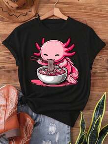 Camiseta del equipo de fútbol mexicano - Lindo capibara de dibujos animados comiendo ramen, capibara lindo de anime comiendo ramen, tres cosas que no deben confundirse - Regalo para pastor alemán, camiseta estampada, top casual de manga corta y cuello redondo para verano y primavera, camiseta de ropa para mujer. - Negro - Ver 1
