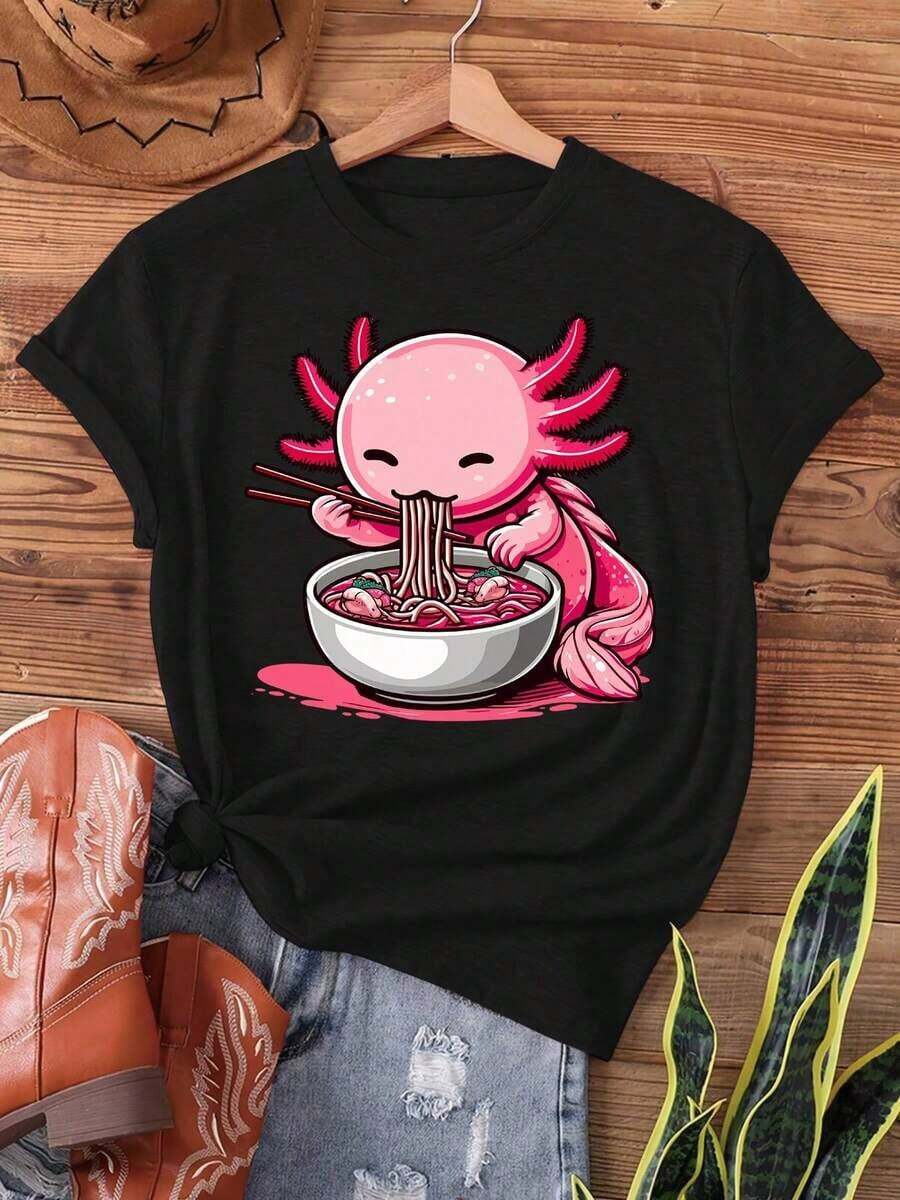 Camiseta del equipo de fútbol mexicano - Lindo capibara de dibujos animados comiendo ramen, capibara lindo de anime comiendo ramen, tres cosas que no deben confundirse - Regalo para pastor alemán, camiseta estampada, top casual de manga corta y cuello redondo para verano y primavera, camiseta de ropa para mujer. - Negro - Ver 1