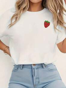 Women's Casual Short Sleeve Crew Neck T-Shirt With Strawberry Print, Machine Washable For Spring And Summer. Suitable For Spring, Summer, And Autumn. - Putih - View 1
