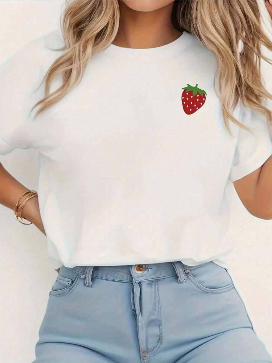 Women's Casual Short Sleeve Crew Neck T-Shirt With Strawberry Print, Machine Washable For Spring And Summer. Suitable For Spring, Summer, And Autumn. - Putih - View 1