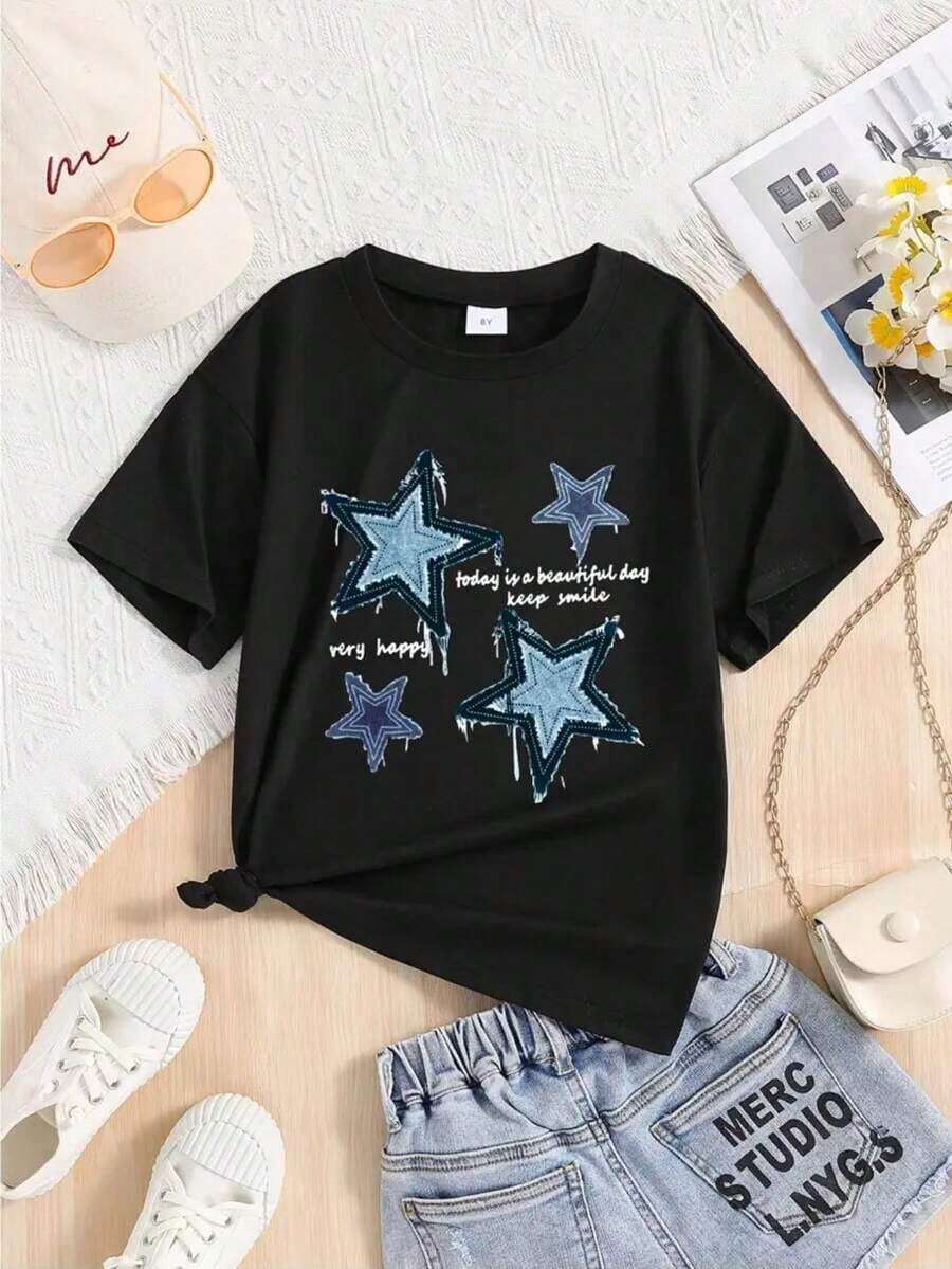 Women's Short Sleeve T-Shirt Autumn-Winter 2025 - Round Neck, Relaxed And Versatile Cut With A Modern Star Print. Soft And Lightweight Fabric With Excellent Drape, Perfect As The Base For A Casual Or Playful Look. Women's Blouses, Women's T-Shirts, Casual Blouses For Ladies - 1 - 查看 1