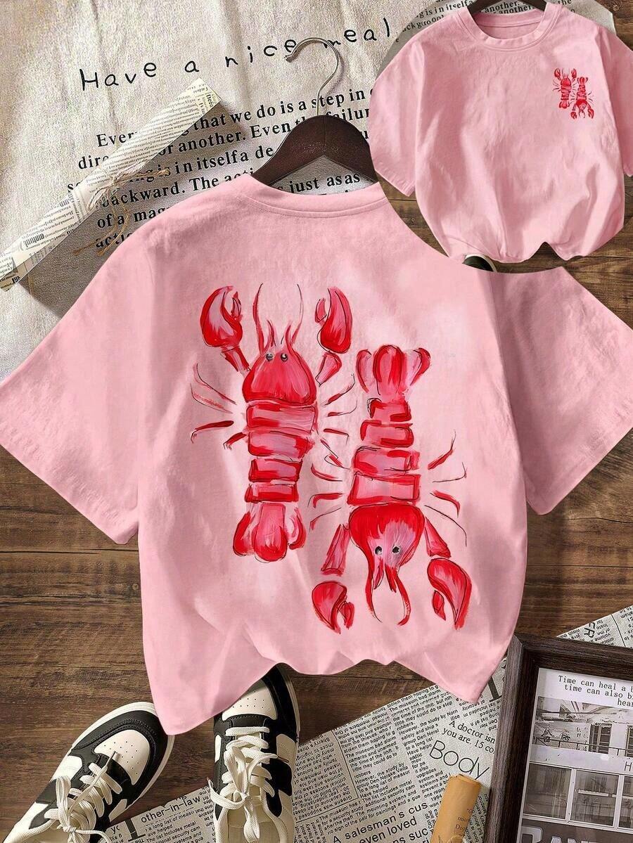 Women's Short-Sleeved T-Shirt With Round Neck, Casual Style, Pink Color Y2K Lobster Summer Beach Club. - 淺粉色 - 查看 1