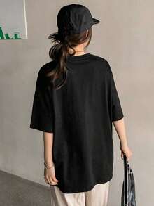 ropa de calor mujer Camiseta de hombros caídos con estampado de letra - Negro - Ver 7