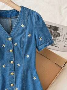 Vestido vaquero de mujer de moda casual con cuello en V y abotonadura sencilla - Azul - Ver 1