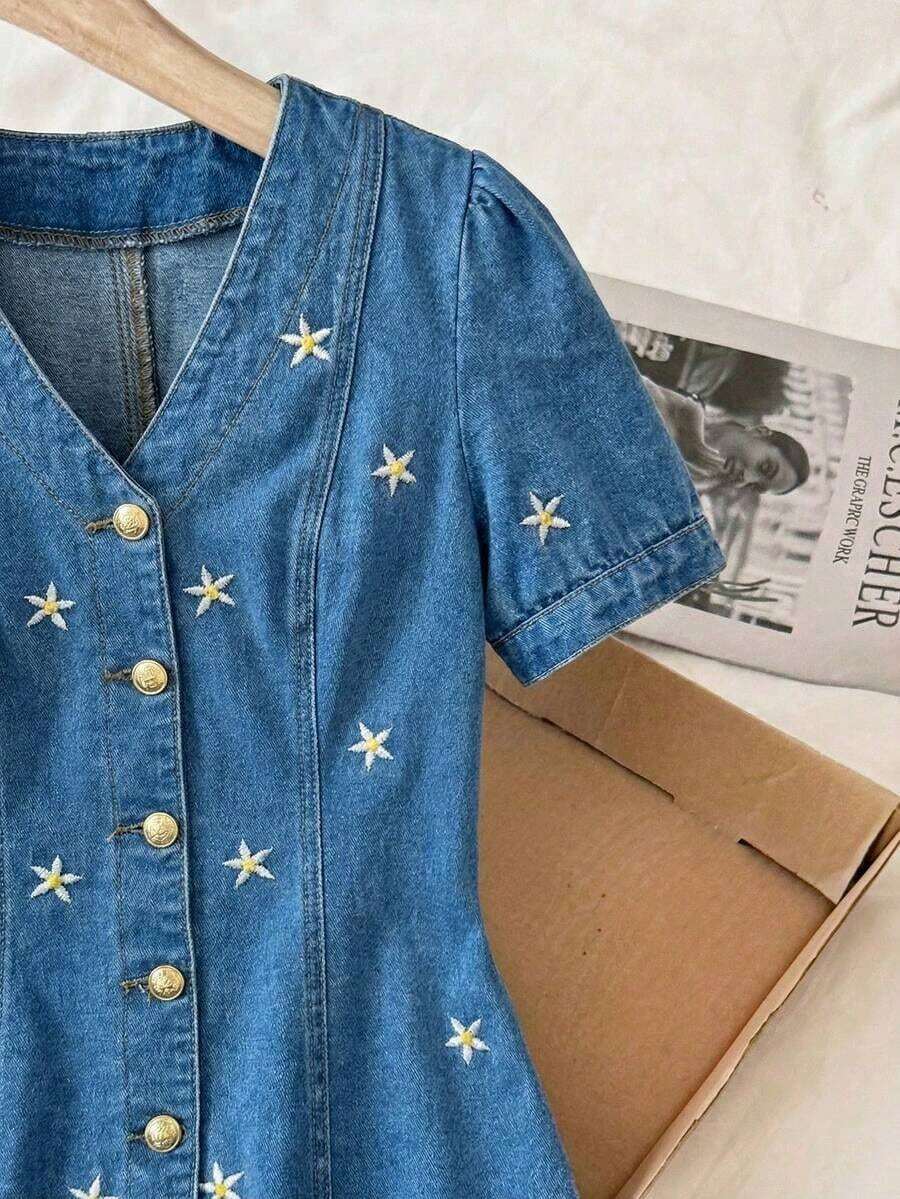 Vestido vaquero de mujer de moda casual con cuello en V y abotonadura sencilla - Azul - Ver 1