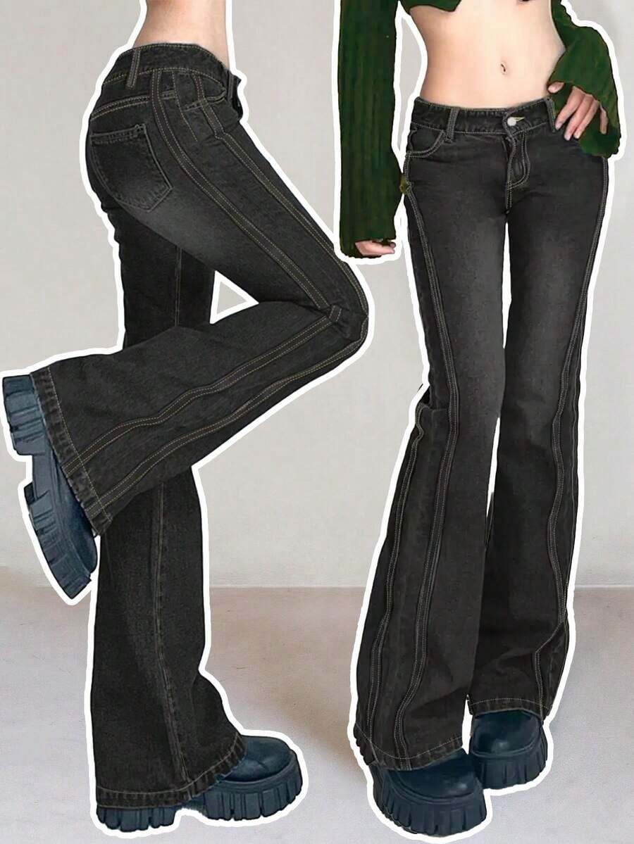 Jeans acampanados con bolsillos para mujer, estilo casual de otoño y primavera - Gris Oscuro - Ver 1