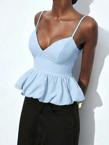 Maija Top de tirantes finos de unicolor con volantes en el bajo, para uso urbano, casual de oficina, elegante para fiestas de Navidad y Año Nuevo, ropa de mujer - Azul 2 - Ver 1