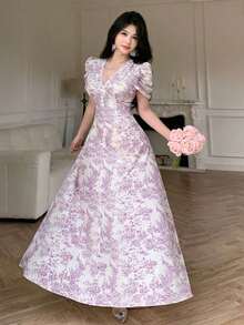 Vestido de mujer de ajuste ceñido con cuello cruzado, botones de perlas y mangas abullonadas - Morado 2 - Ver 8