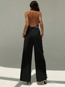 Top sin mangas con cuello en V y espalda abierta para mujer de oficina en primavera/verano y pantalones anchos de pierna, conjunto de estilismo adelgazante y alargador para ropa casual - Negro - Ver 2
