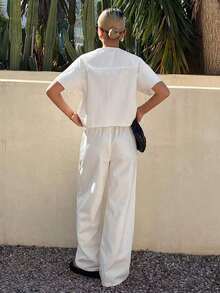 Conjunto de blusa de manga corta blanca con nudo delantero y pantalones vaqueros de corte holgado para mujer, conjunto de atuendo de verano - Blanco - Ver 2
