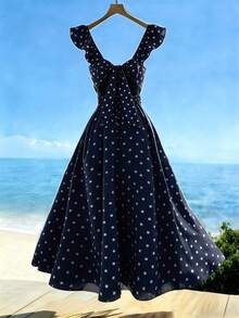 Vestido de lunares con cuello en V, mangas con volantes, cintura plisada y espalda descubierta con lazo para mujer, vestido casual de vacaciones para primavera/verano 2026 - Azul marino - Ver 2
