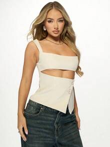 Top corto a medida tipo brasier con cuello cuadrado, detalles de botones, diseño minimalista moderno, sin mangas, ideal para fiestas de verano, eventos nocturnos y looks casuales de negocios, con un diseño estructurado y premium - Albaricoque - Ver 6
