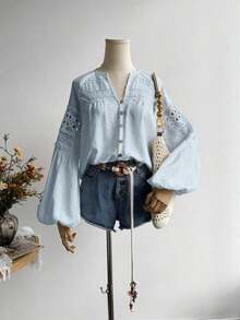 Blusa de encaje azul de manga larga para mujer, adecuada para uso casual, vacaciones, estilo bohemio, festivales de música y otras ocasiones - Celeste - Ver 4