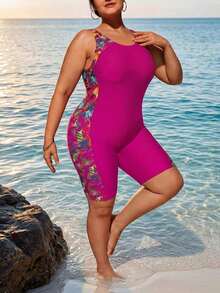 Swim Lushoire Traje de baño de una pieza con estampado floral, estilo vacacional para tallas grandes - Rosa - Ver 5