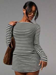 X Scot Louie  Vestido corto de manga larga con cuello de barco y estampado de rayas, informal para mujer - Blanco y Negro - Ver 1