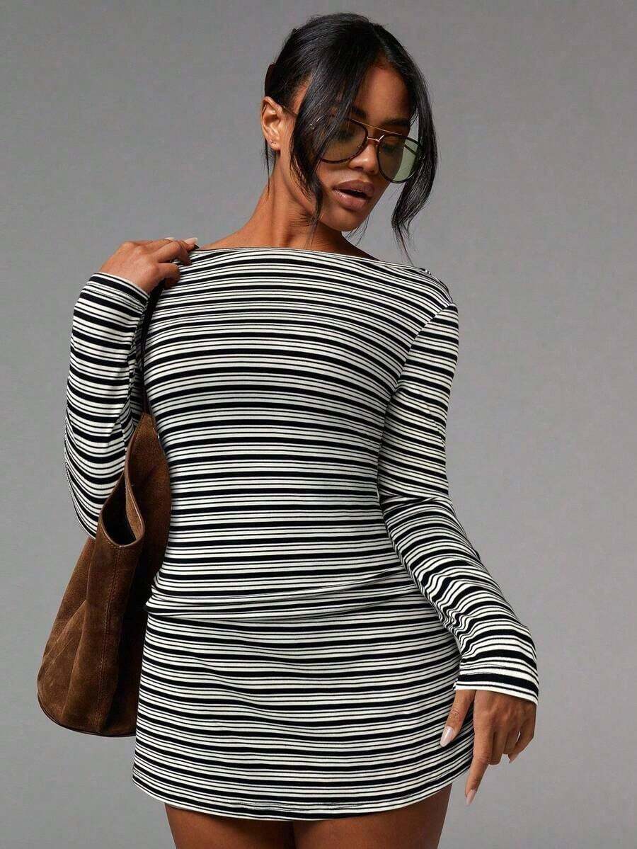 X Scot Louie Vestido corto de manga larga con cuello de barco y estampado de rayas, informal para mujer - Blanco y Negro - Ver 1
