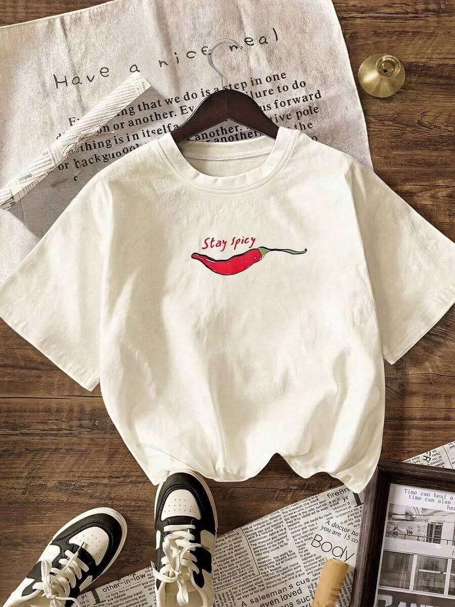 Y2K Mexican Hot Chili Graphic Short Sleeve T-Shirt, Women's Casual Summer Beachwear, Vacation Wear, New Release - 杏色 - 查看 1
