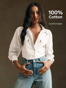 Blusa de manga larga para mujer con adornos de strass verde, elegante para fiestas, casual para ir al trabajo, ideal para primavera/verano, vacaciones y el Día de San Valentín - Blanco - Ver 8