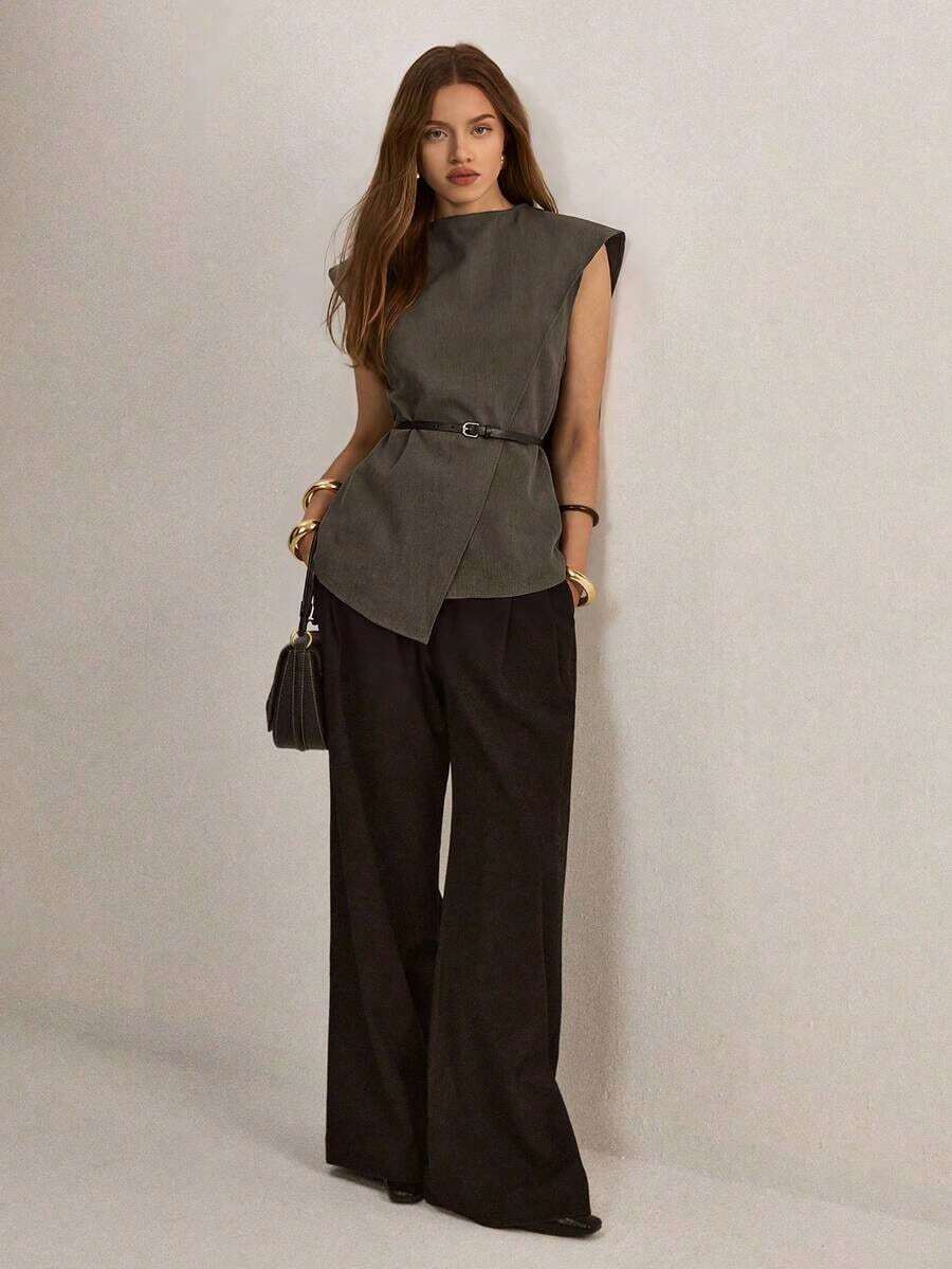 Blusa suelta con bajo asimétrico de unicolor para mujer - Verde Oscuro - Ver 1