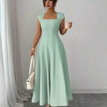 Women's Elegant Solid Color Square Neck Waist Tie Splice Flared A-Line Short Sleeve Midi Dress, Suitable For Commute, Beach, Vacation, Music Festival, Beer Festival In Spring And Summer - verde menta - Ver 1