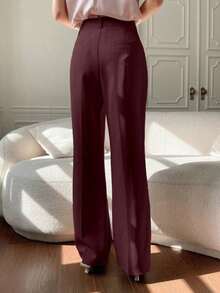 Pantalones casuales de mujer con bolsillo delantero liso, estilo casual de negocios, pantalones de vestir de mujer de talle bajo - Verde militar - Ver 4