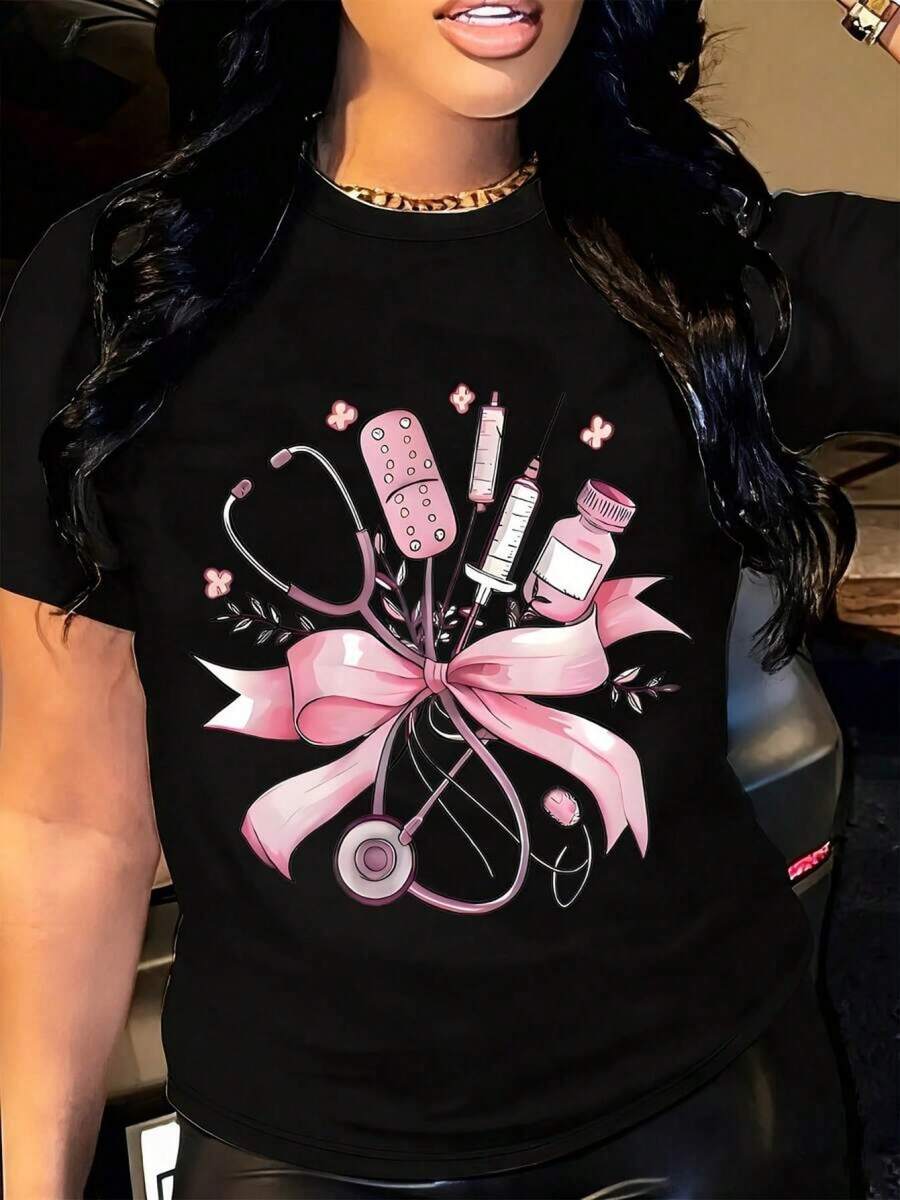A Nursing-Themed T-Shirt Adorned With A Pink Stethoscope And Various Tools - An Adorable Gift For Healthcare Workers, Ideal For Nurses, Doctors, And Medical Staff. - 黑色 - 查看 1