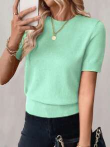 Blusa de punto de manga corta de unicolor y estilo minimalista, para uso diario - verde menta - Ver 9