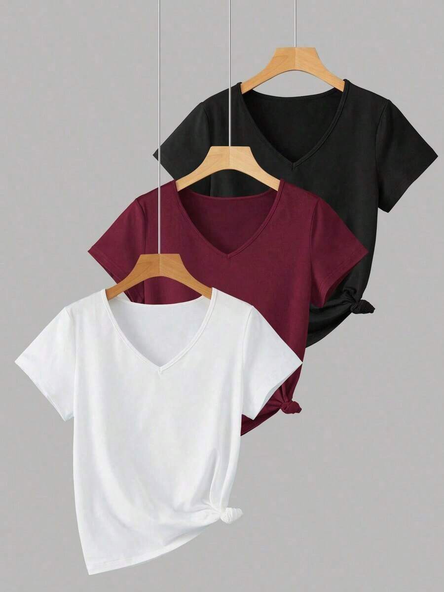 3 piezas Camiseta de mujer de cuello en V de manga corta, tops casuales versátiles clásicos, moda minimalista, adecuada para exteriores, fiestas, estudiantes, maestros, uso diario - Multicolor 8 - Ver 1