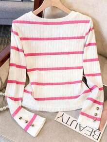 Elegante camiseta de punto de cuello redondo, top de punto minimalista de moda, otoño/invierno - Rosa - Ver 2